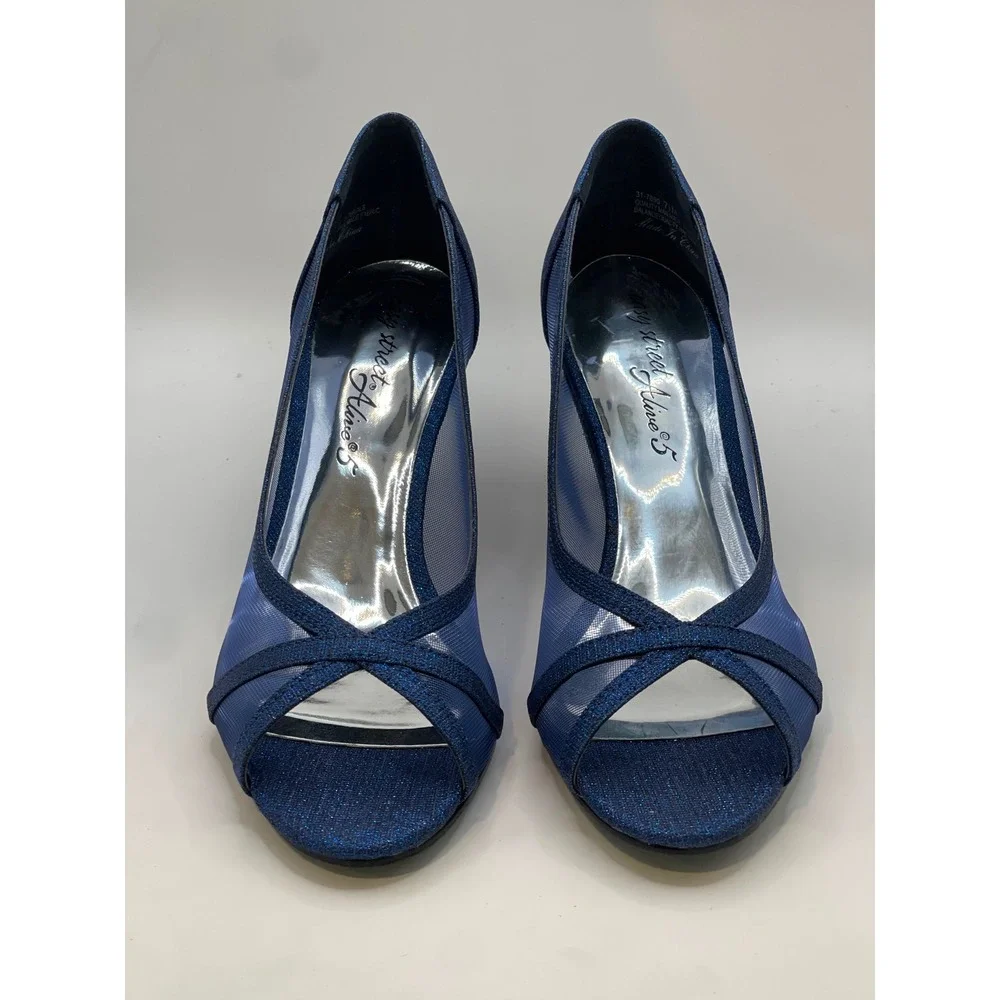 Easy Street Alive 5 Picaboo Navy Glitter Mesh Peep Toe Pumps Heels 7.5 M